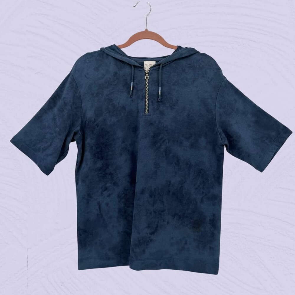 Weekends by‎ Chicos Blue Soft Short Sleeve Hoodie Zip Up Size 1